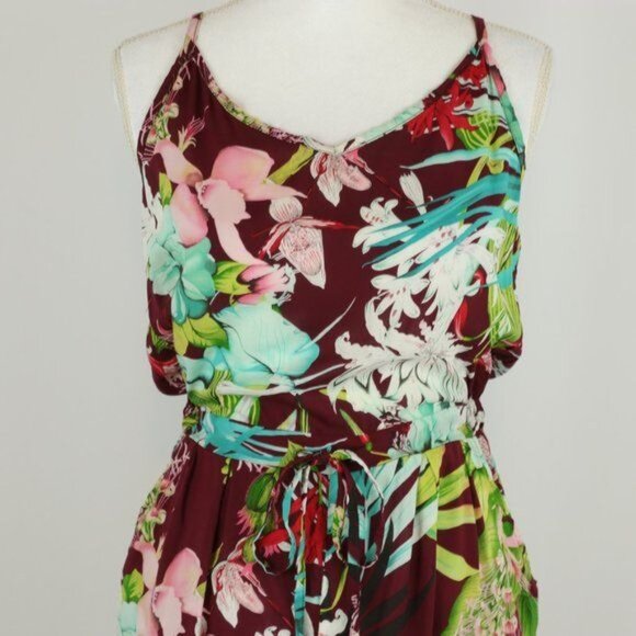 Koa Boutique Women's Small Red Green Tropical Floral Spaghetti Strap Jumpsuit - Picture 2 of 7